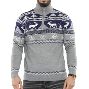 Joyeux Elan Nordique – Bleu Marine avec Fausse Fermeture – Pull de Noël pour Homme