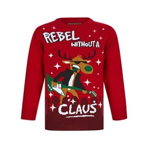 Le rock de Rodolphe – Rodolphe, « Rebel without a Claus », rouge – Pull de Noël Enfant / Bébé