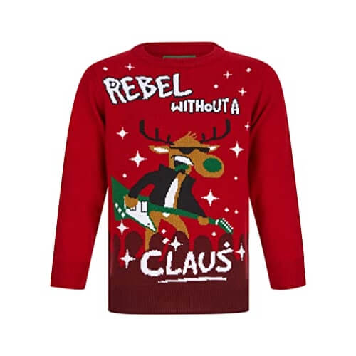 Le rock de Rodolphe – Rodolphe, « Rebel without a Claus », rouge – Pull de Noël Enfant / Bébé