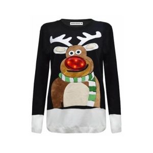Nez Rouge Qui Brille – Rodolphe Le Renne – Pull de Noël pour Femme Noir