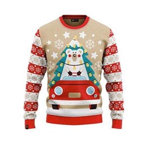 Ours livreur – Ours polaire, voiture, beige- Pull Noël Homme