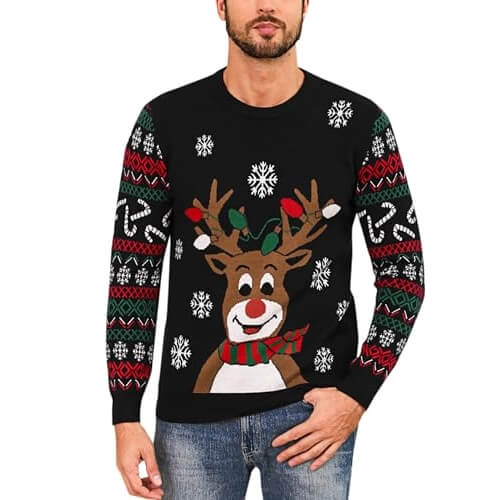 Parade de Renne – Motifs de flocons de neige – Pull de Noël Noir pour Homme – Image 2