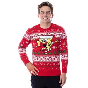 Fête à Bikini Bottom – Pull Bob l’Éponge Rouge en Tricot – Pull de Noël pour Homme