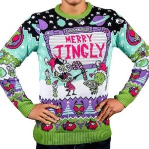 Geek au Coeur Tendre – Pull avec Invader Zim et Doom Patrol – Pull de Noël Rouge Unisexe