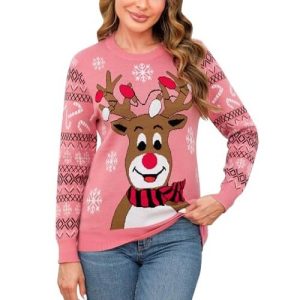 Flocon de Fantaisie – Rouge Bonhomme de Neige & Rennes – Pull Moche de Noël pour Femme