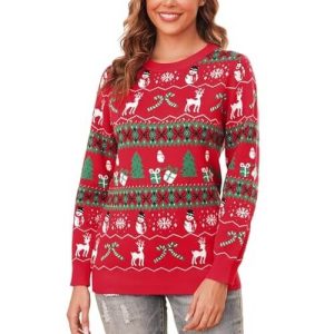 Renne Rigolo – Tricot Rouge Bonhomme de Neige – Pull de Noël pour Femme