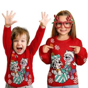 Roulez Patrouille – Pull de Noël Rouge de Pat&rsquo;Patrouille – Pull Amusant pour Enfants