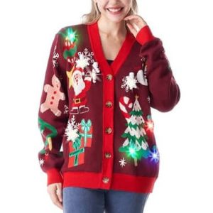 Rudolph’s Light Show – Pull de Noël Rouge avec LED intégrées pour Femme – Pull Moche Unisexe