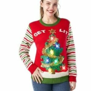 Sapin Lumineux – Pull de Noël Rouge à LED – Pull Moche pour Femme
