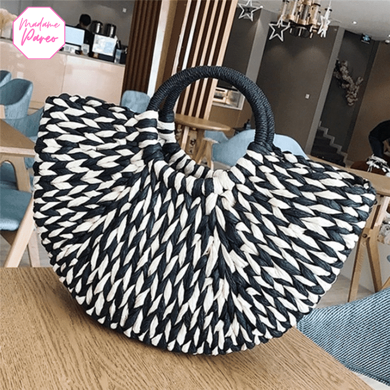 Sac de plage en paille demi lune bicolore – Image 3