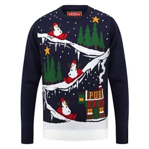 ZigZag Pub – Bonhomme de Neige sur Luge – Pull de Noël Kitsch